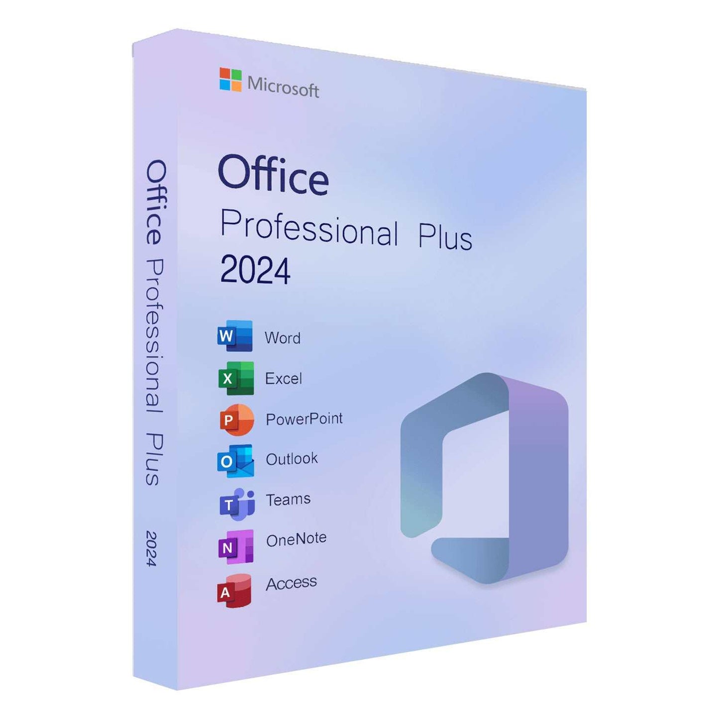 Office 2024 Pro Plus software box showing included apps Word, Excel, PowerPoint, Outlook, Teams, OneNote, and Access for Windows 10/11 users