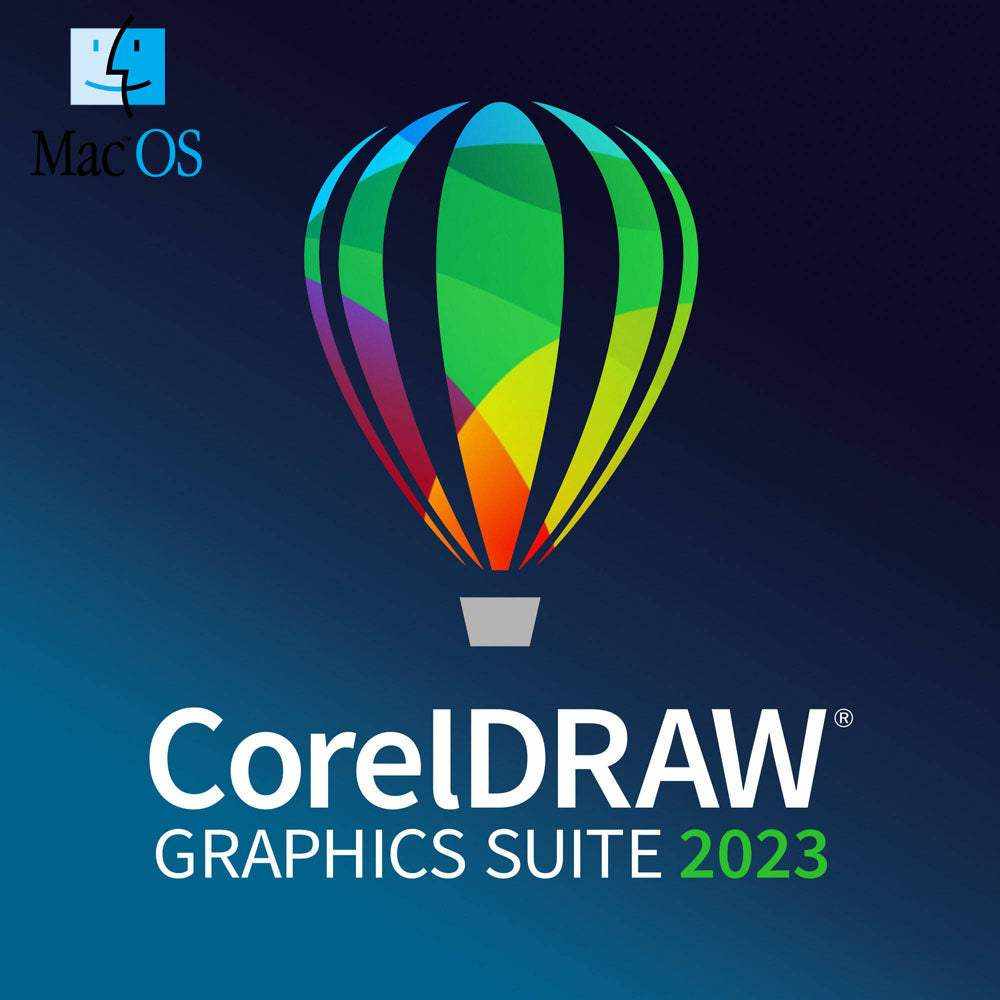 CorelDRAW 2023 for Mac icon with colorful hot air balloon and macOS logo on dark background