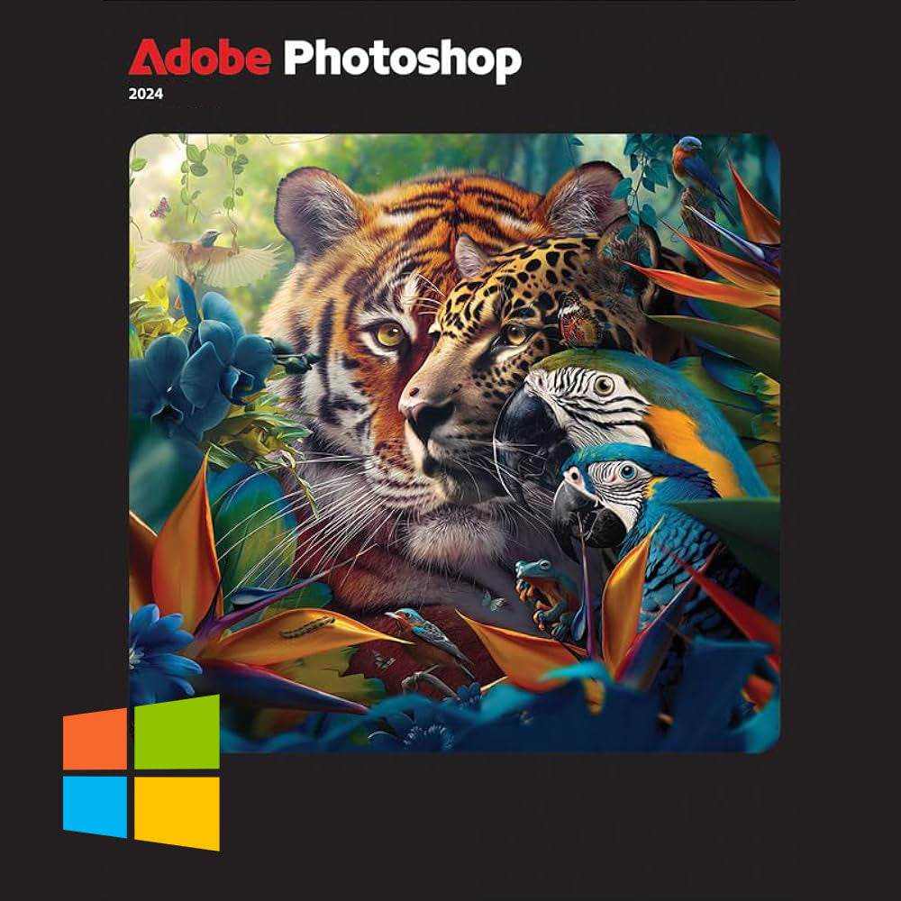 Photoshop 2024 Windows Lifetime Full Version software box with colorful animal artwork and Windows logo
